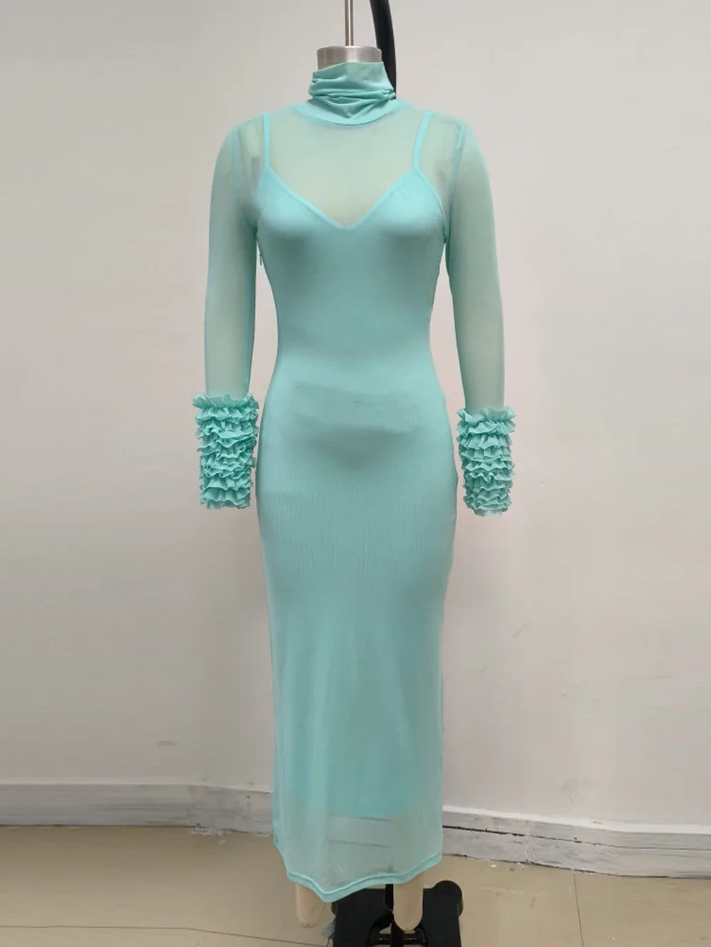 Sexy Turtleneck Ruffle-Cuff Mesh Tight Long Dress Women Long Sleeves Ruffles Bodycon Midi Dresses Evening Party Cocktail Club