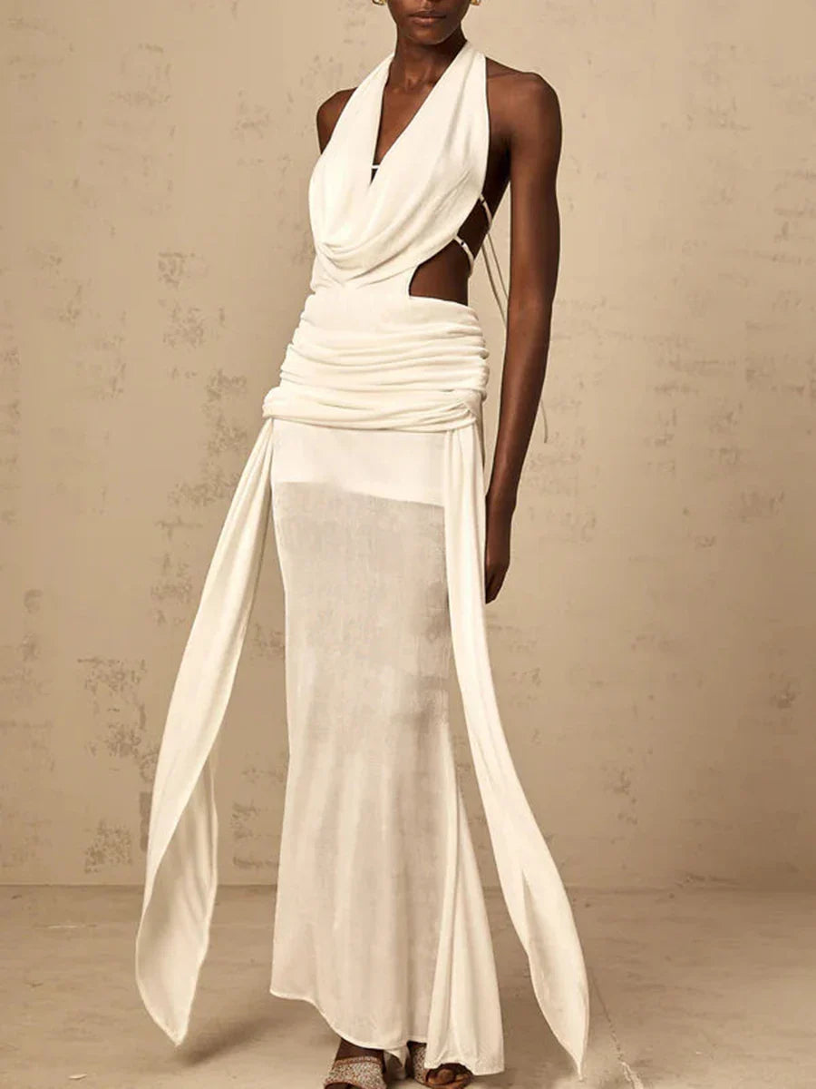 Solid Slimming Spliced Hollow Out Dresses for Women Halter Neck Sleeveless Patchwork Sheer Midi Dress Female New