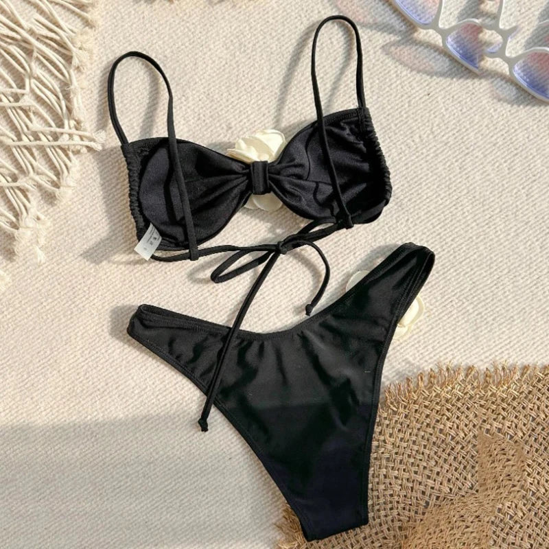 Sexy Flower Bandeau Swimwear Thong Bikini Women Lace-up Swimsuits Swimming Bathing Suit Brazilian Bikinis Set Mujer Biquini