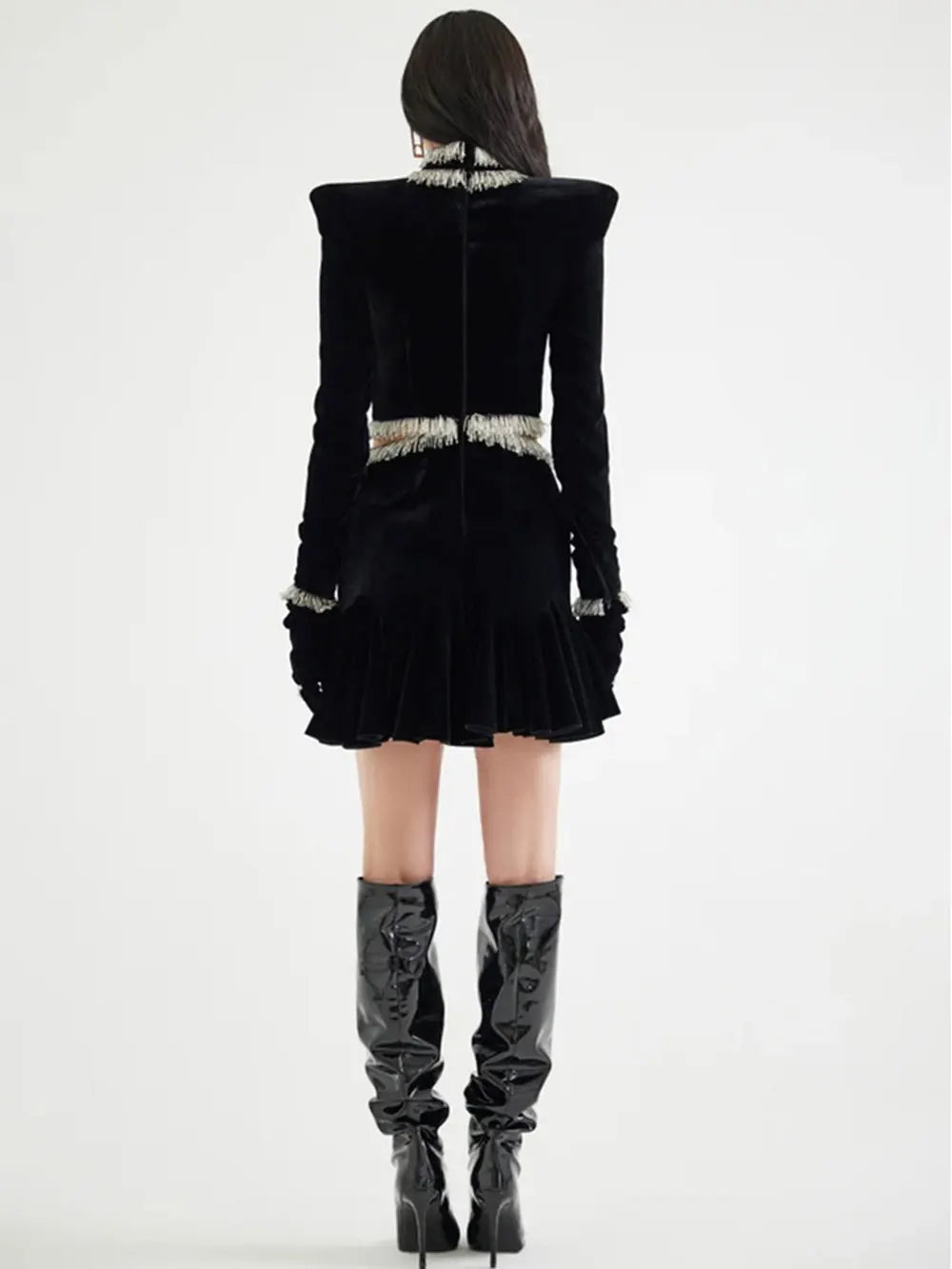 2025 Sexy Women's Open Waist Tassel Velvet Dress Stand Collar Long Sleeve Slimming Mini Dress Celebrity Evening Party Vestidos