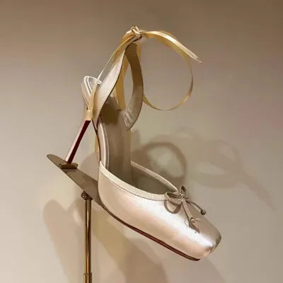 Women Lace-Up High Heeled Shoes for Woman's Square Toe Thin Heels Platform Pumps Mujer Pleated Slingback Wedding Luxury Sandals apricot 10CM