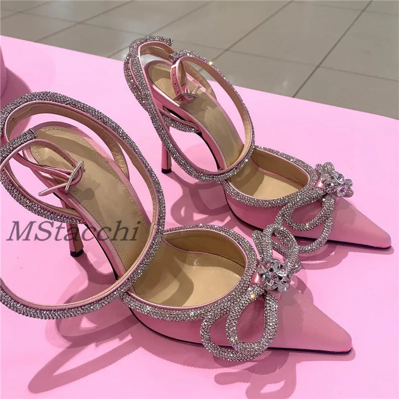 Glitter Rhinestones Women Pumps Crystal Bowknot Satin Sandals 2025 Summer Transparent Shoes High Heels Party Prom Designer Shoes Pink