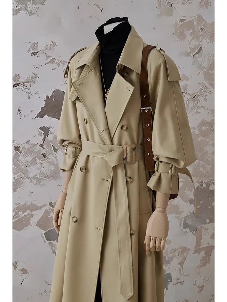 Lautaro Spring Autumn Oversized Khaki Long Trench Coat for Women Double Breasted Loose Casual Black Korean Fashion Overcoat 2025 Light Khaki