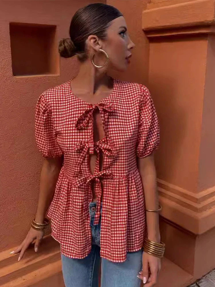 Red Plaid O-neck Lace Up Women Shirts And Blouses Puff Sleeve Hollow Out Women's Shirt Summer Casual Ruffles Female Tops