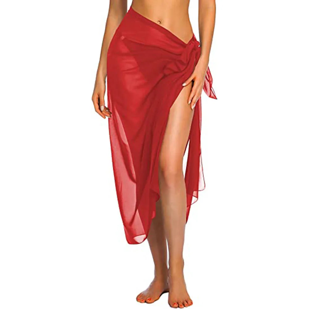 Womens Beach Long&Short Short Skirt Sarong Swimsuit Coverups Summer Bikini Wrap Sheer Scarf for Swimwear Cover-ups Red-Long One Size