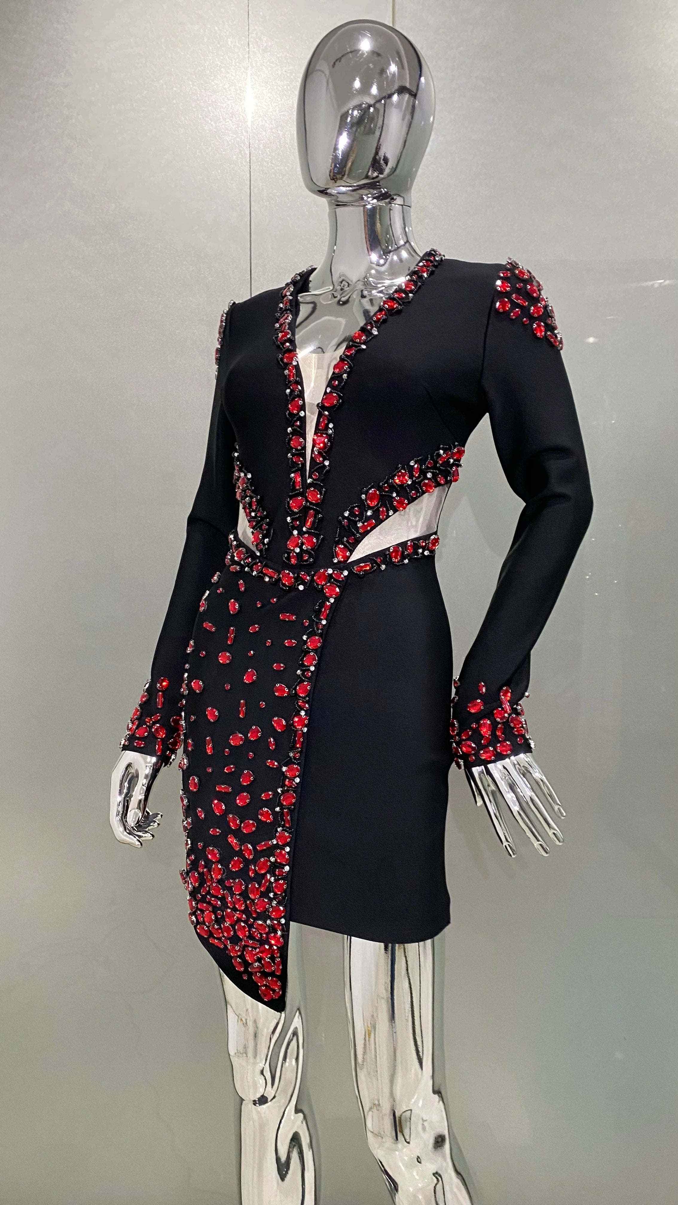 STOCK Red Diamonds Beading Sexy Hollow Out Black Mini Bandage Dress Luxury Woman Evening Party Dress Birthday Party Outfit