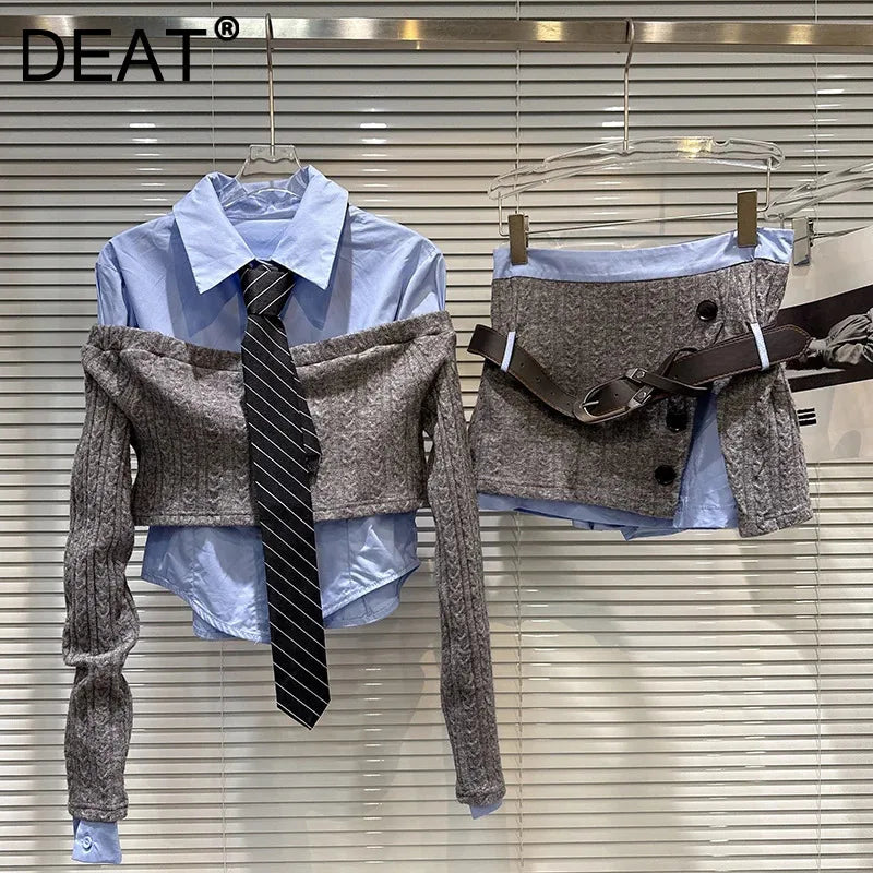 Winter New Trendy Sweet Fashion Tie Single-brasted Shirt Sweater Belted Short Skirt Three-Piece Set For Women 11A07596