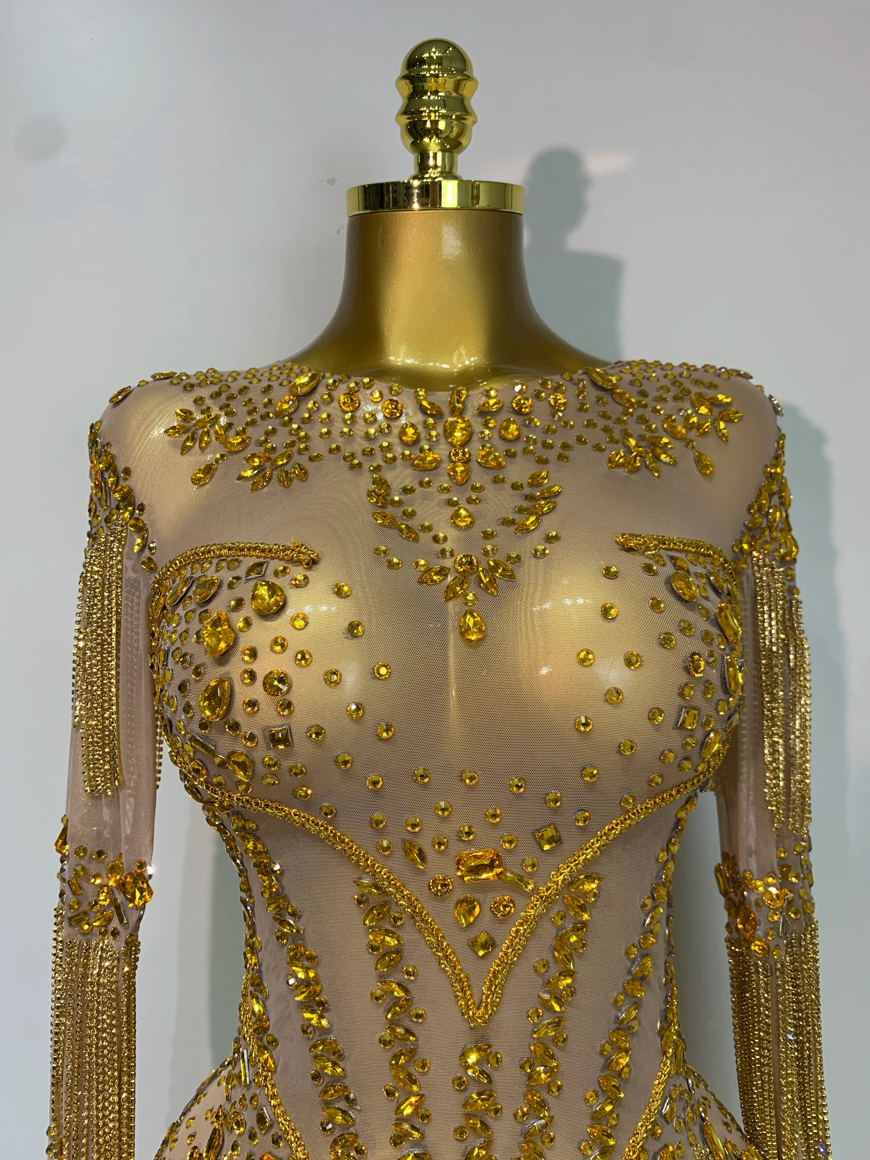 Luxury Birthday Evening Party Gown Sparkly Rhinestone Bodysuit Women Sexy Mesh See Through Performance Dance Stage Costume