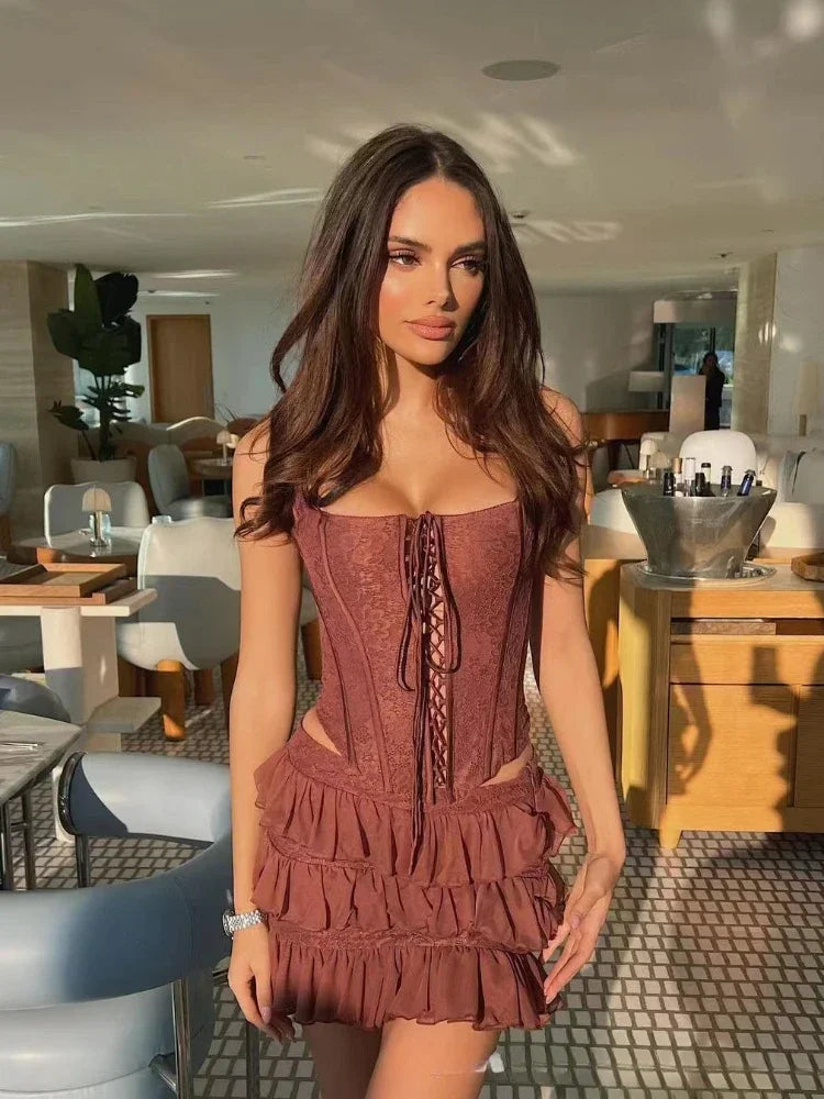 Autumn and Winter New Women's Clothing Brown Fish Bone Strap Top Cake Half Skirt Set Skirt Chestnut