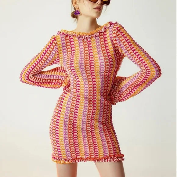 Backless Knitted Beach Dress Women Fashion Hollow Out Mini Boho Dress Summer Elegant Colorful Long Sleeve Bikini Cover Up 2024 Red