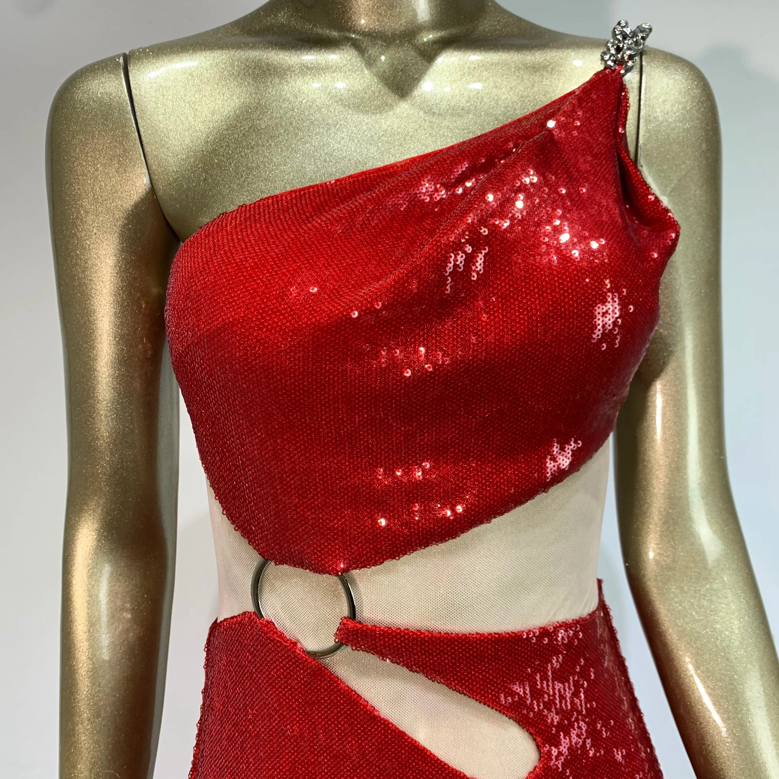 Sexy One Shoulder Cut Out Red Mesh Sequins Red Maxi Long Women Celebrity Dress Elegant Party Evening Club Vestido