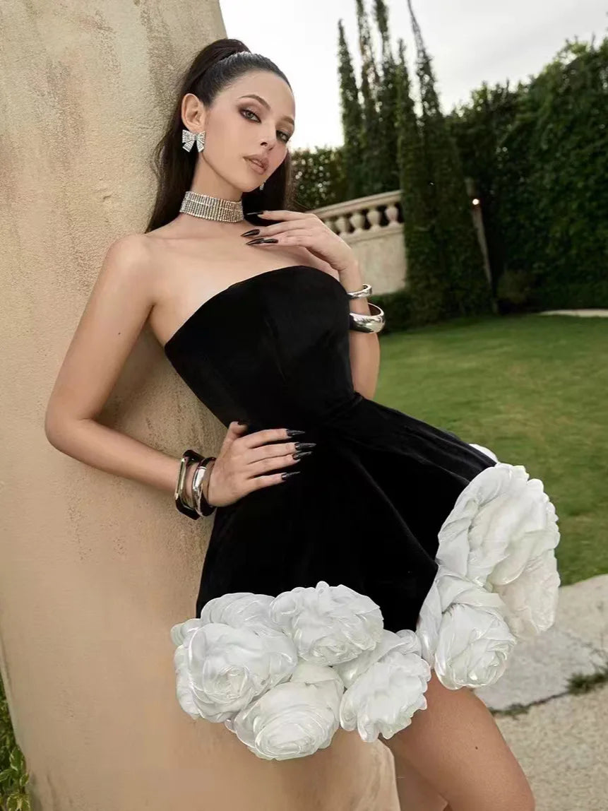 Black Red Women Sexy Strapless Velvet Ball Gown Mini Cute Dress Birthday Party Girls' Date Photo Shoot Outfit Vestido