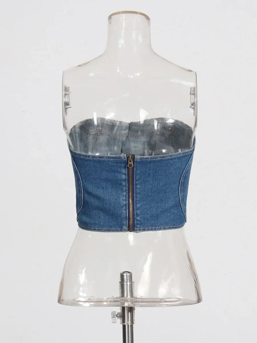 Soild Two Piece Sets for Women Straplelss Sleeveless Vest High Wiast Patchwork Hollow Out Jeans Elegant Set Female