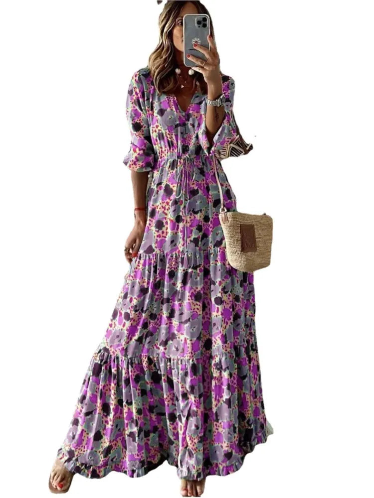 Spring Autumn Flower Print Long Dresses For Women Casual Holiday A-line Beach Dress Fashion Elegant Bohemian Style Maxi Vestidos