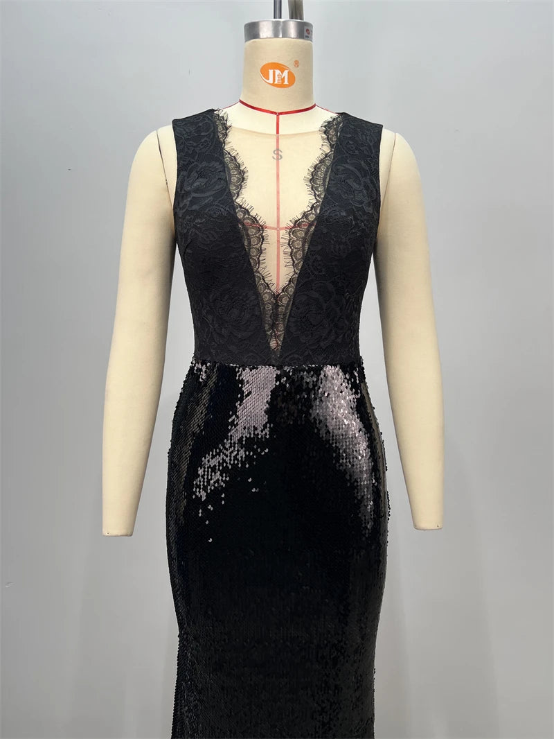 2025 Black Lace Patchwork Sequins Sexy V-Neck Mermaid Floor Length Dress Fashion Woman Party Dress Celebrity banquet Outfit