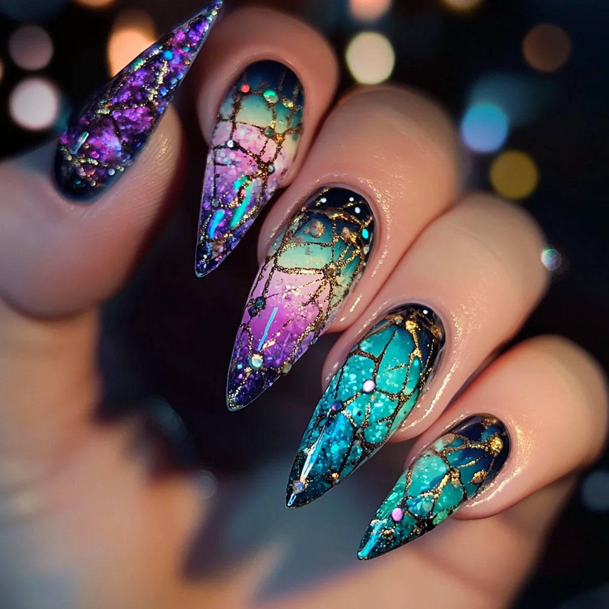 Medium fake nails for women gilrs gradient blue pink starry sky star moon Y2K design Almond nail tips press on false nail set 2257
