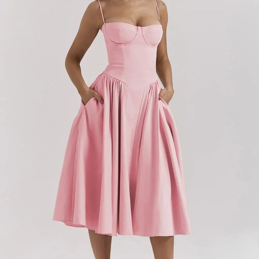 Women Sexy Solid Sling Midi Dress Fashion Sleeveless Backless Pleated Hem Dresses Summer Female Party Evening A-line Robes Pink