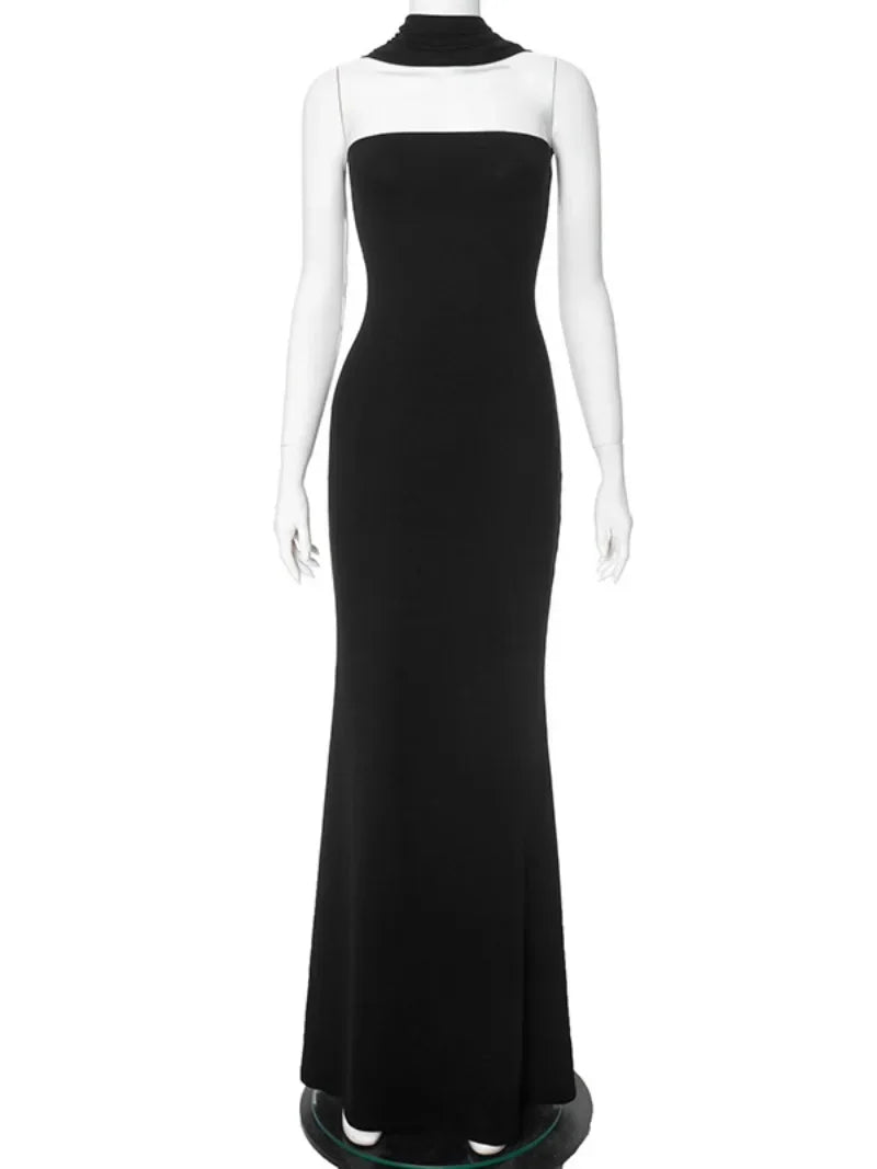 Sexy Elegant Summer Sleeveless Halter Neck Long Maxi Dresses for Women Sexy Off Shoulder Bodycon Evening Party Black Dress Black