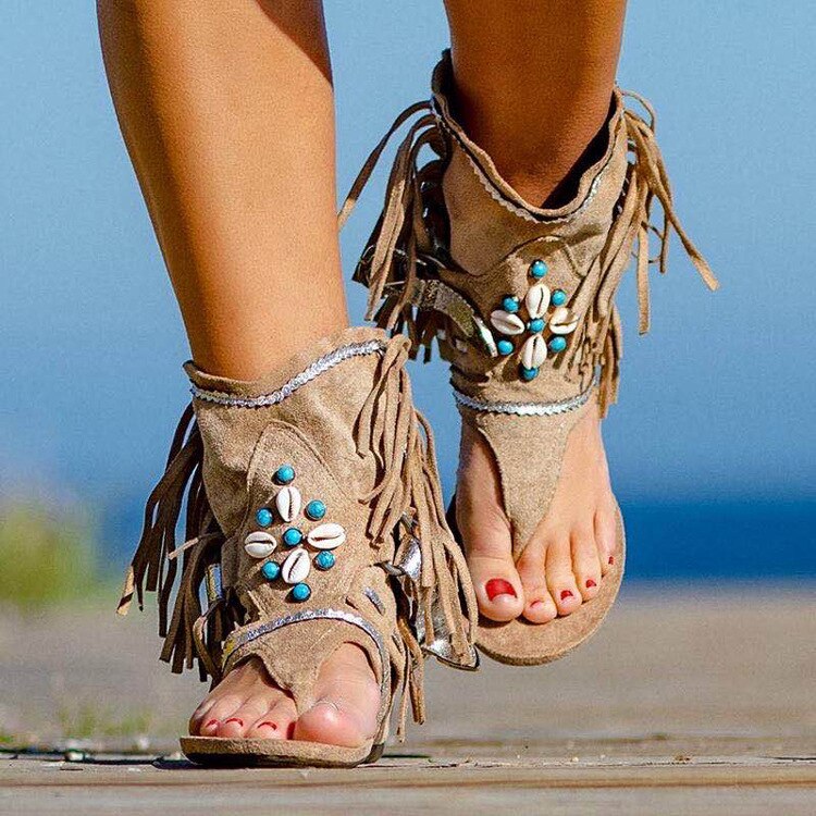 Rétro femmes frange fleur chaussures à semelles compensées solide troupeau plage sandales décontractées femmes été tongs sandales