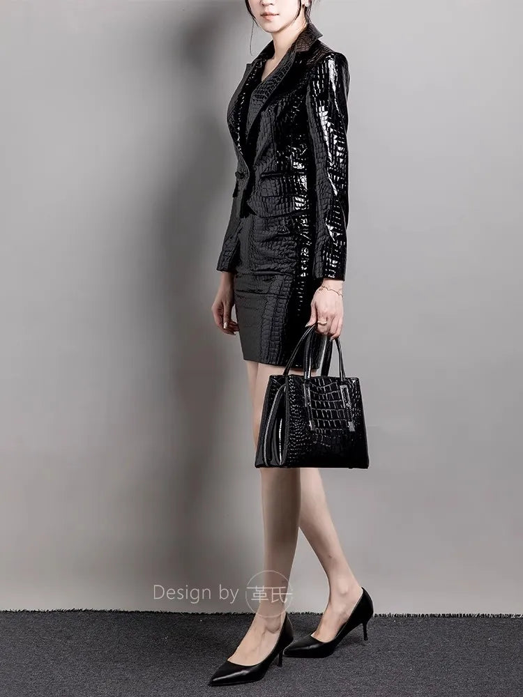 Lautaro Spring Autumn Short Shiny Reflective Crocodile Print Pu Leather Blazer Jacket Women Peaked Lapel Luxury Designer Clothes