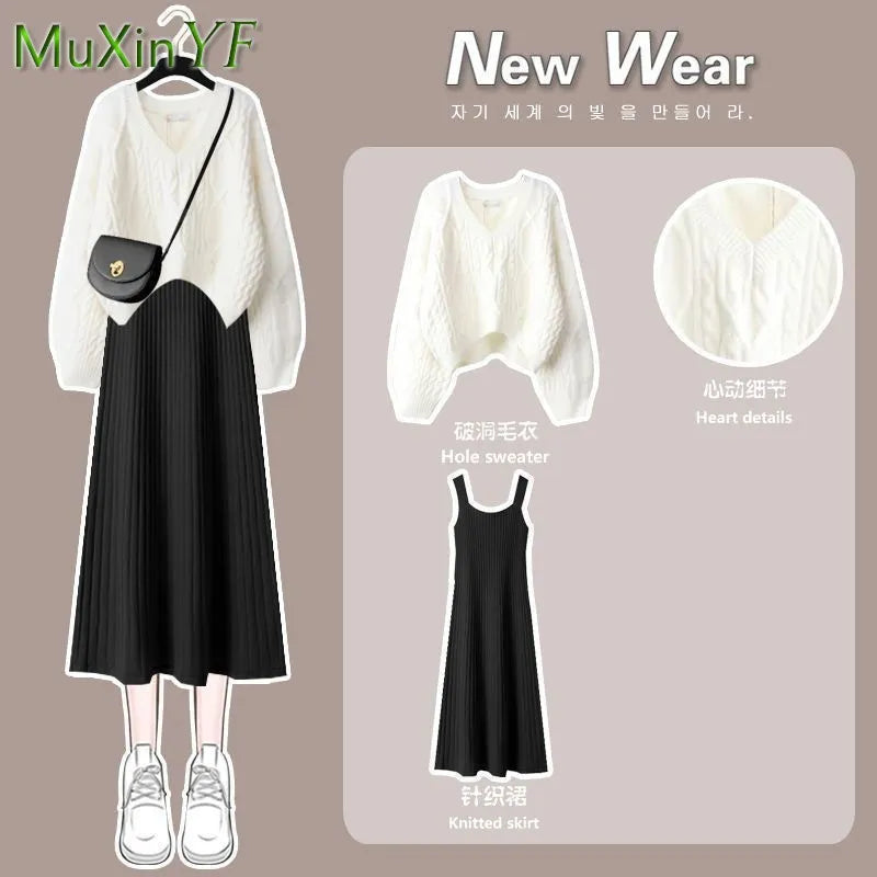Women's 2024 Autumn Winter New Fashion V-Neck Sweater Knitted Dress Two Piece Korean Elegant Top Skirt Matching Set Female Suit