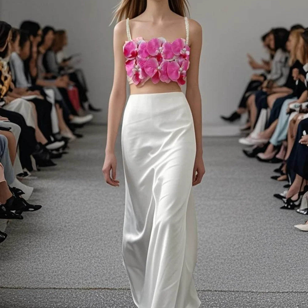 Sexy Pearl Flower Pearl Flower + Long Skirt Set Women Backless Wedding Holiday Party Lady Elegant Outfits 2025 Summer New