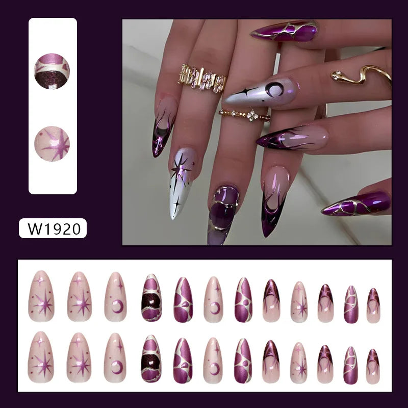 24pcs Punk Purple Press on Nails Star Moon Print y2k Style False Nails for Girl Wearable Reusable European Almond Fake Nail Tips 1