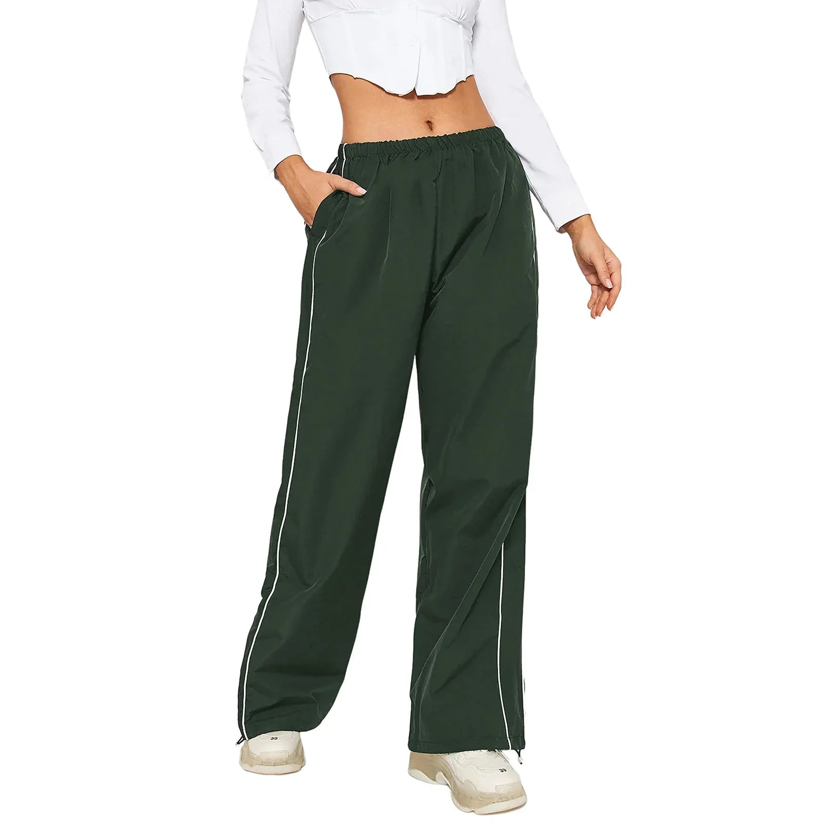 Women s Y2k Elastic Waist Cargo Pants Loose Solid Color Joggers Workout Pants with Pockets Streetwear army green