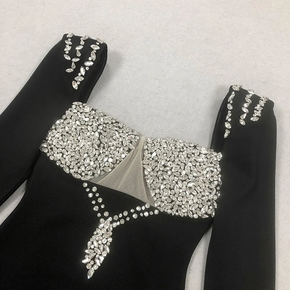 Elegant Light Luxury Nail Diamond Tail Dress Women Long Sleeve Bodycon Bandage Dress Celebrity Evening Party Long Dress Vestidos