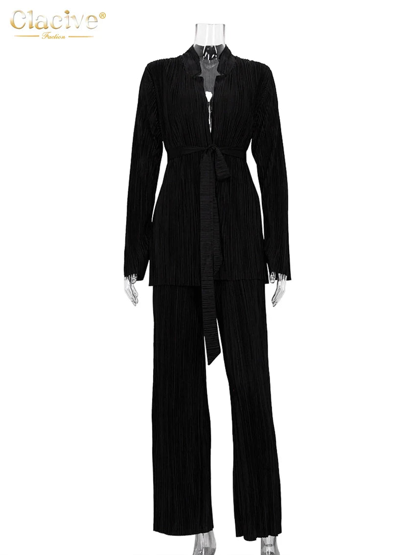 Clacive Autumn Green Pleated Pants Set Bodycon Slit Trosuer Suits Fashion Lace-Up Long Sleeve Blazer 2 Piece Sets Womens Outfits