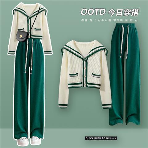 Sailor Collar Two Piece Set for Women Knitted Cardigan + Pant Sets Long Sleeve Korean Outfit Tracksuit 2024 New Knit Autumn Suit green green