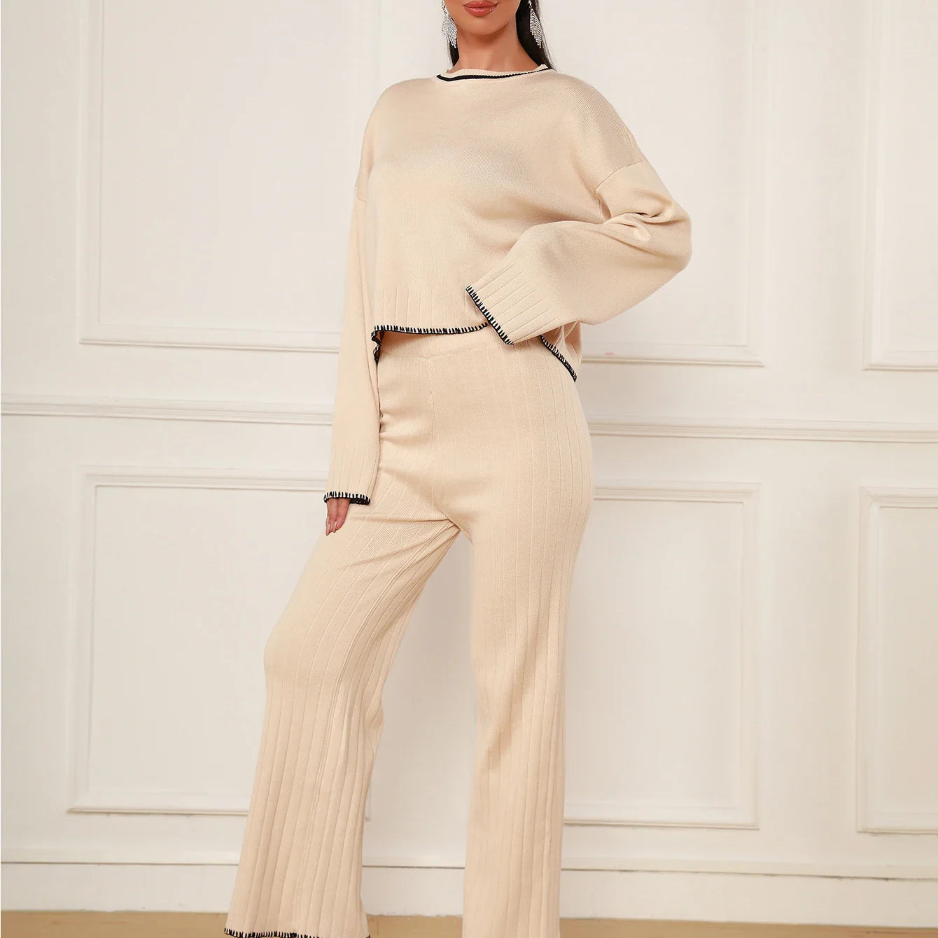 2025 Spring Casual Women's Knitted Pants Set O-neck Long Sleeve Hoodie Loose Knitted Shirt+Straight Pants Two Piece Set