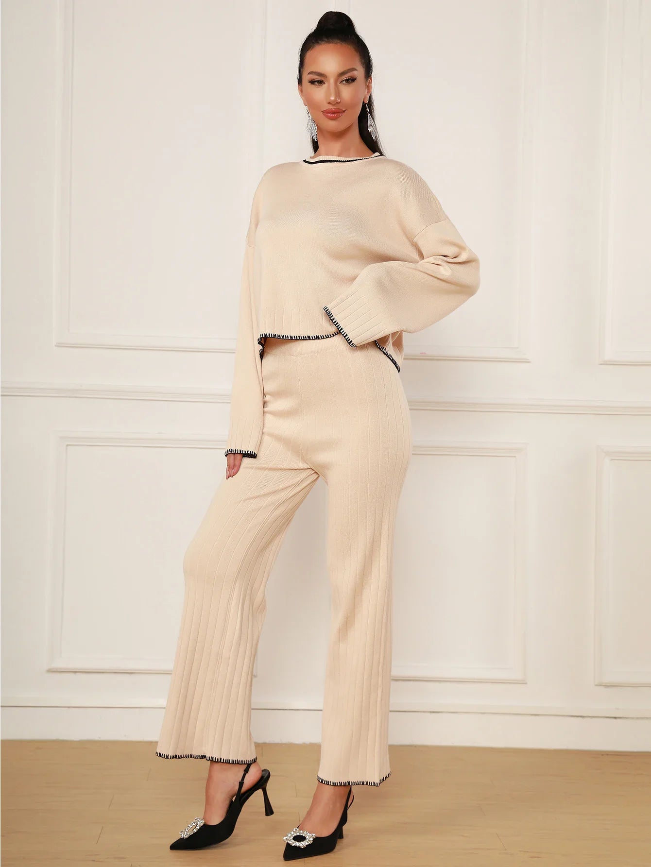 2025 Spring Casual Women's Knitted Pants Set O-neck Long Sleeve Hoodie Loose Knitted Shirt+Straight Pants Two Piece Set