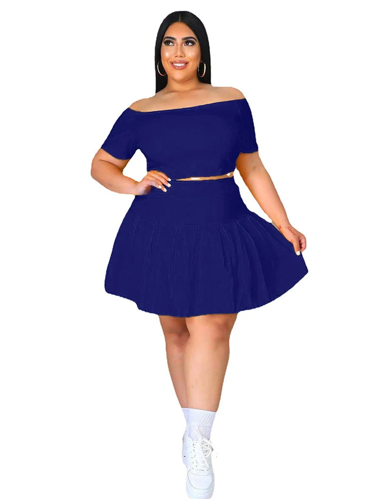 5xl Plus Size Women Clothing Wholesale Summer Outfits Crop Tops and Pleated Skirt Tracksuit Sweet Dress Suits Dropshipping Navy Blue