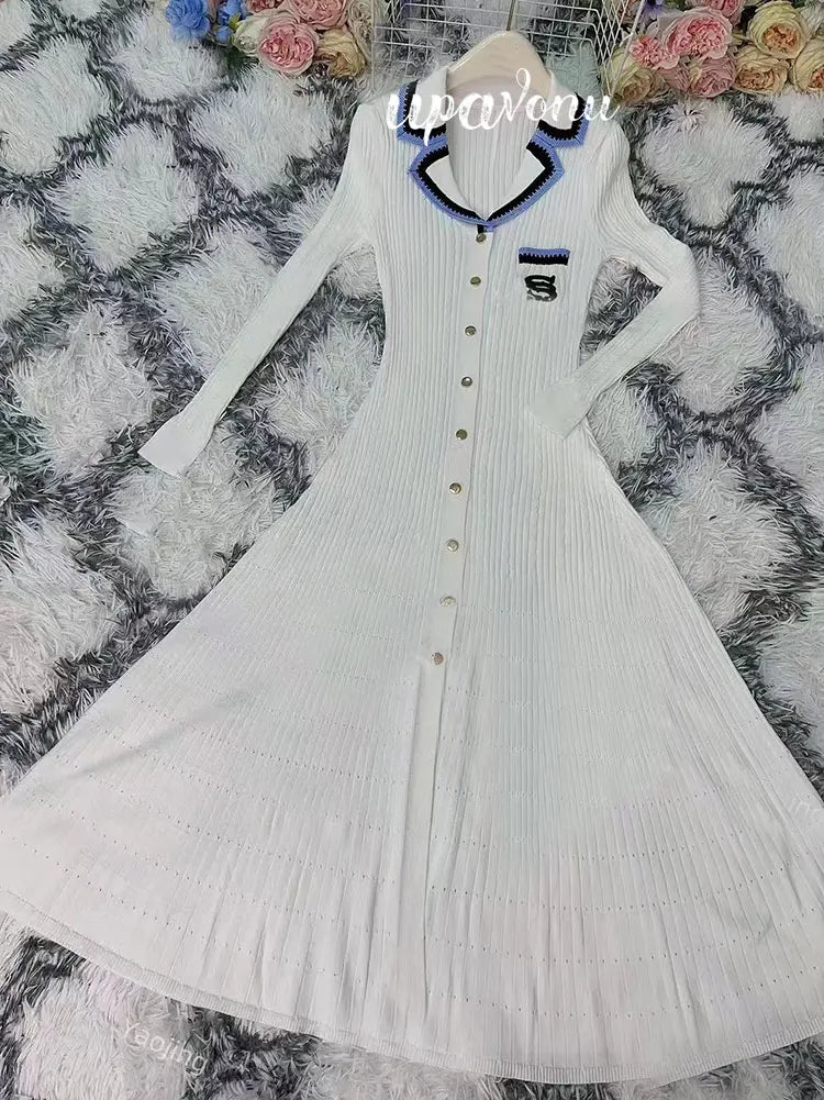 Elegant Women's Slim Fit Knitted Dress Fashionable Polo Neck Short Sleeve Single breasted Design Split Knitted Mid length Dress White long sleeved