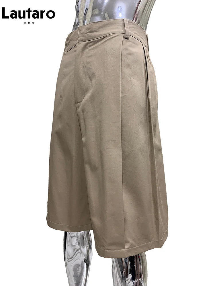 Lautaro Summer Autumn Baggy Khaki Wide Leg Shorts for Men Elastic Waist Loose Luxury Designer European Fashion Clothes 2025
