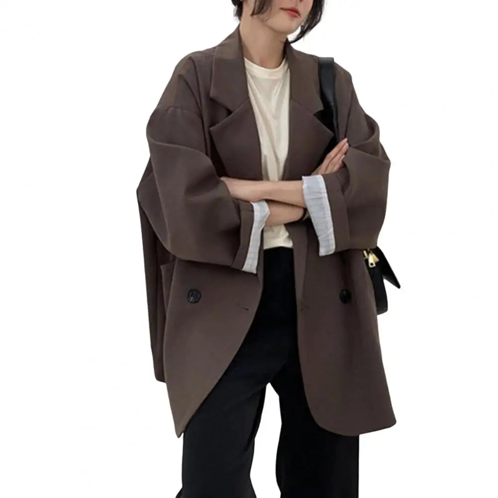 Notched Collar Business Blazer Suit Coat Korean Long Sleeves Pockets Double-breasted Oversized Women Blazer Jackets Suit Coat Coffee