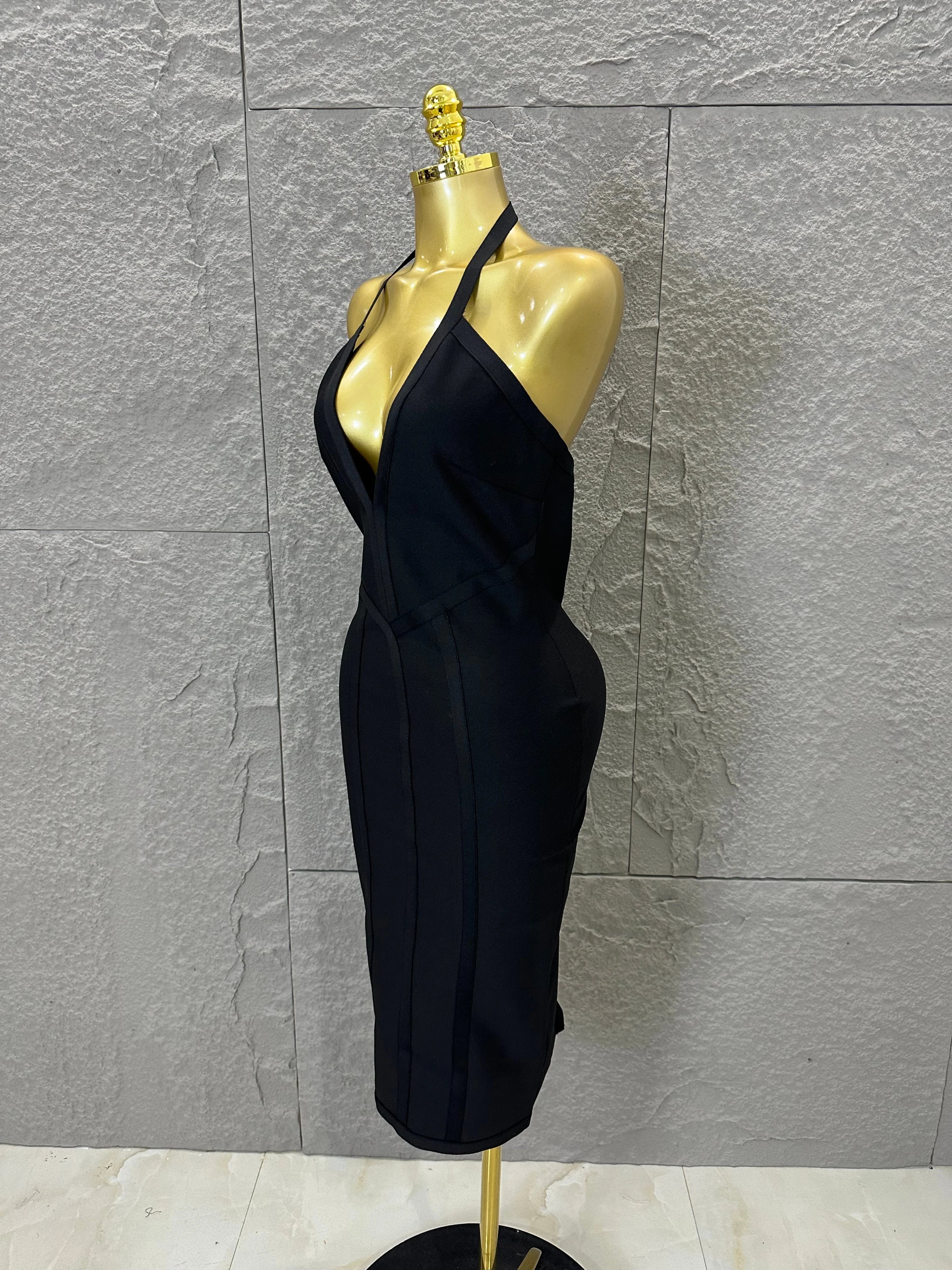 Elegant 2026 Brown Bandage Midi Dress Women Sexy Halter Neck Deep V Bodycon Evening Party Costume Cocktail Party Costume