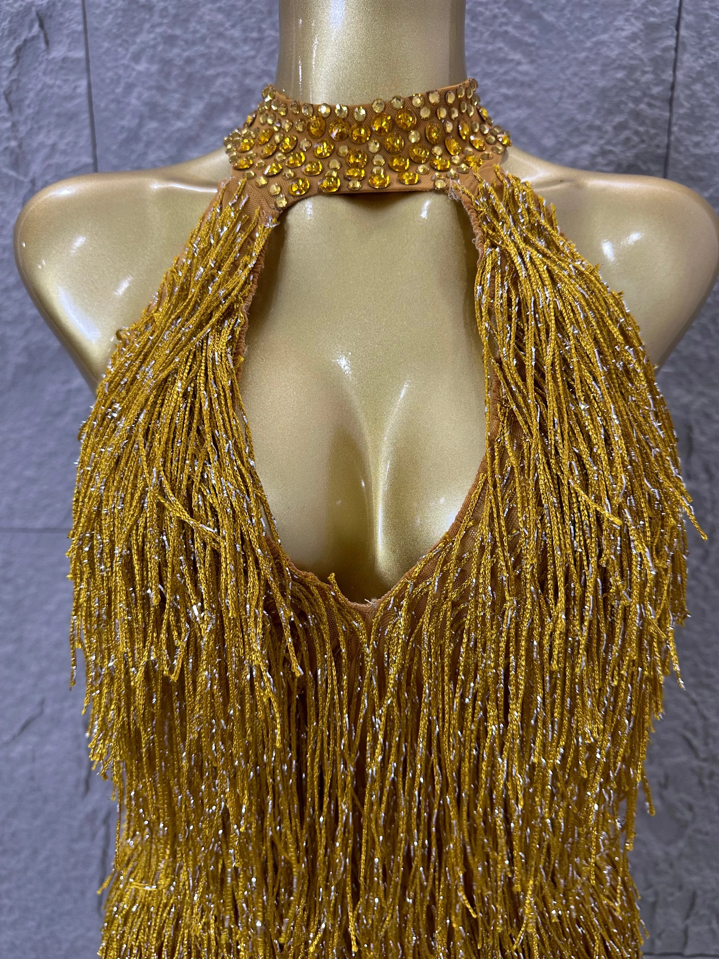 Luxury Gold Halter Neck Mini Dress Women Sexy Crystal Embellished Fringe Trim Form-Fitting Outfit Formal Event Party Costume