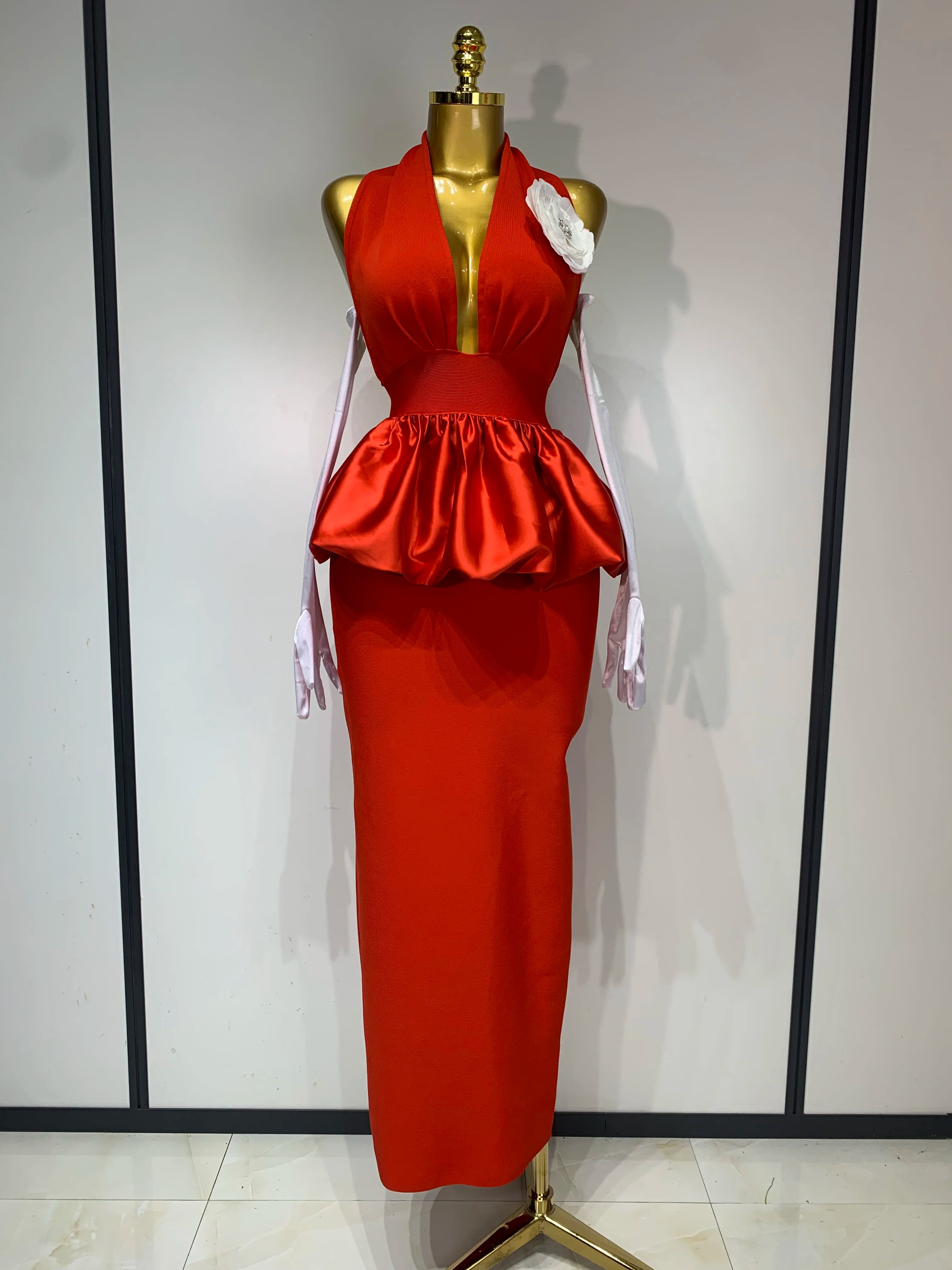 Women Sexy Backless Red Flower Maxi Long Bodycon Bandage Dress 2025 Celebrity Elegant Evening Party Nightclub Photo Shoot Dress Red