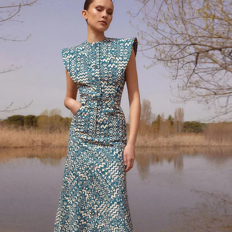 Vintage Flying Sleeve Print Dress For Women Elegant O Neck Single Breasted Pocket Robes Female Office High Street Travel Outfits