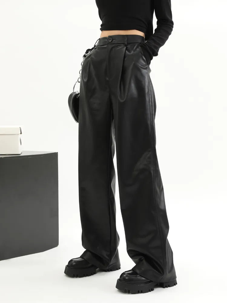 Straight Leather Pants Women High Waist PU Leather Trousers Baggy Black Female Streetwear Clothing New Fashion Ladies