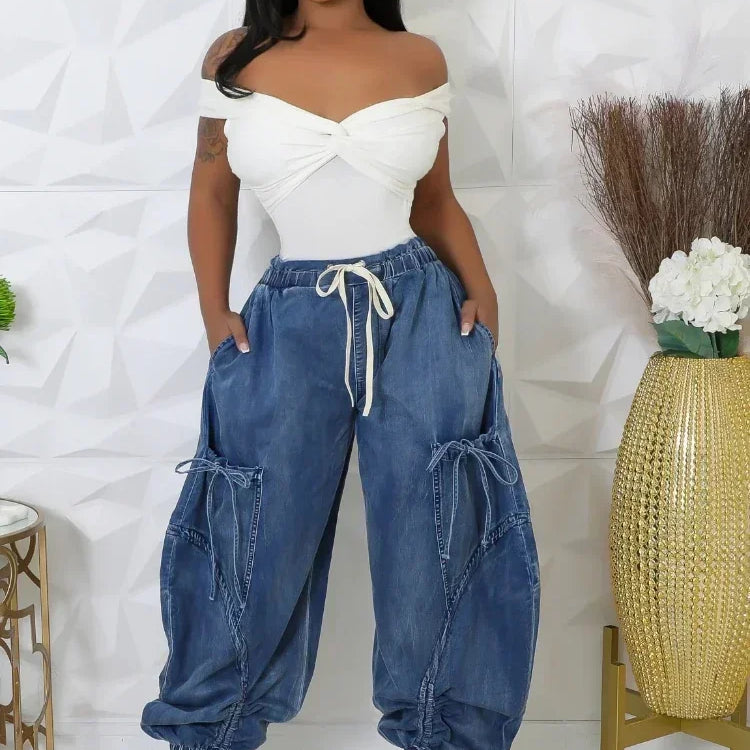 Women Streetwear Drawstring Fashion Fly Denim Pants 2024 Autumn Loose Safari Style Cargo Harem Hip Hop Jeans