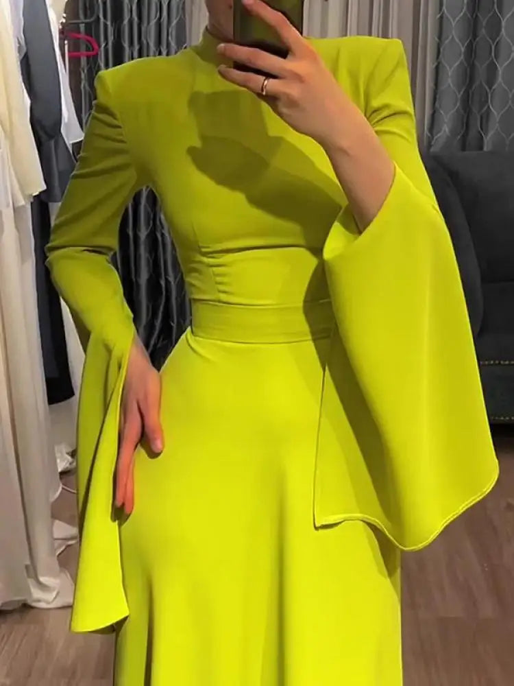 Onecozyday New Women Elegant Evening Dresses Ruffled Sleeve Turtleneck High Waisted Slim Fit Pleated Floor Length Dress