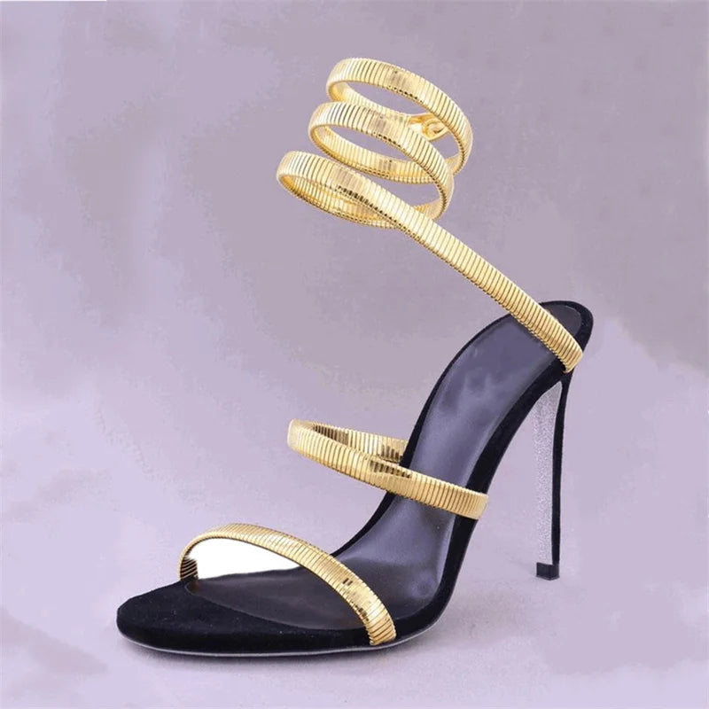 Snake Strap High Heel Sandals Women Summer 2024 Ankle Strap Banquet Party Shoes Narrow Band High Heels Ladies Gladiator Sandals black