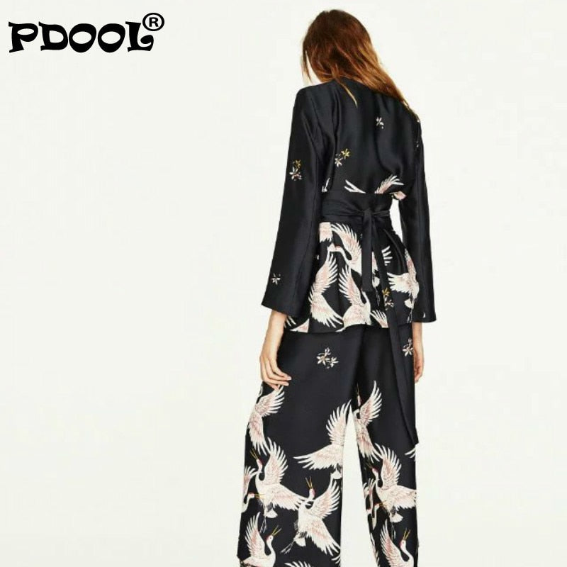 Spring/Autumn Women Vintage Clothing Set Printed Blazer Wide Leg Retro Pant Female Bird Outfit Suits Women's Office Lady