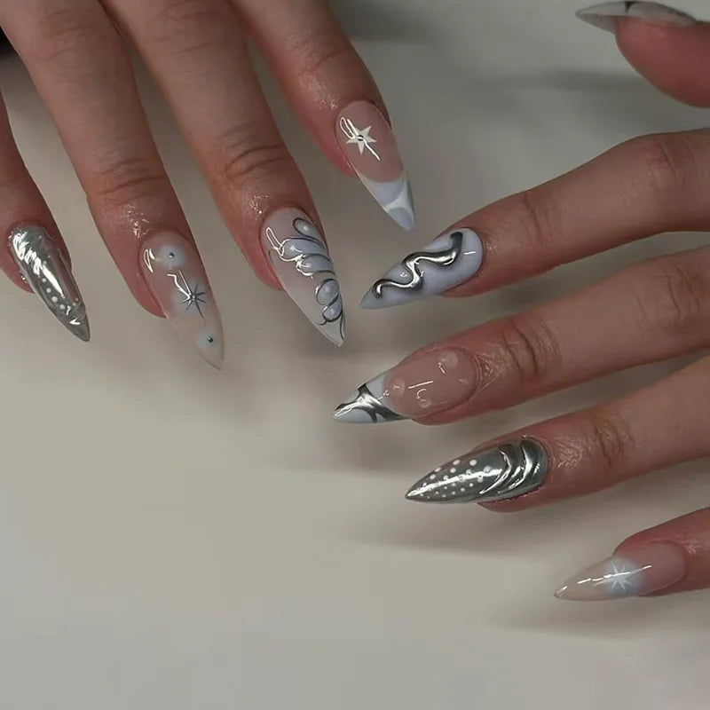 24Pcs Simple French Nails Art Tips Fake Nails 3D Design Wearable Full Cover False Nail Mid-length Almond Reusable Press on Nails 1827