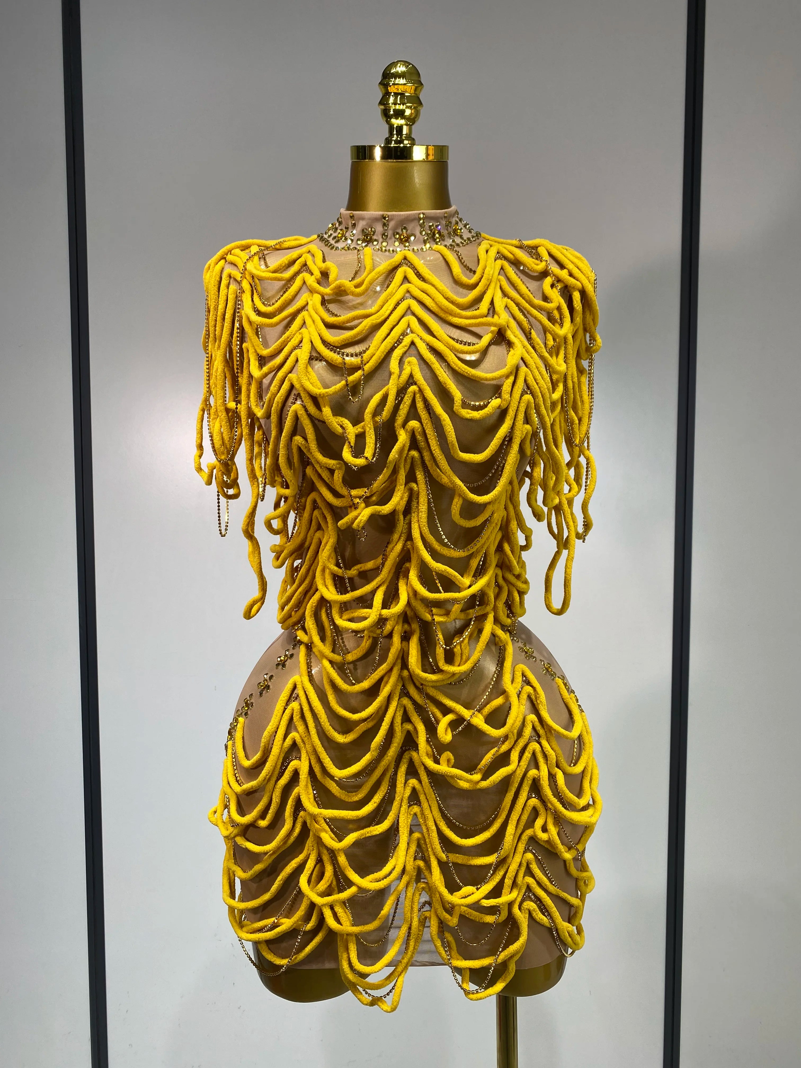 Women Sexy Fashion Short Dress Mesh Designer Rhinestones Chain Stage Costume Nightclub Celebrate Party Performance Outfit Yellow