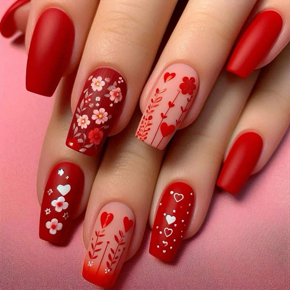 24pcs Romantic Valentine's Day Press on Nails Pink Love Couple False Nails Wearable Spicy Girl Square Head Fake Nails for Women 4