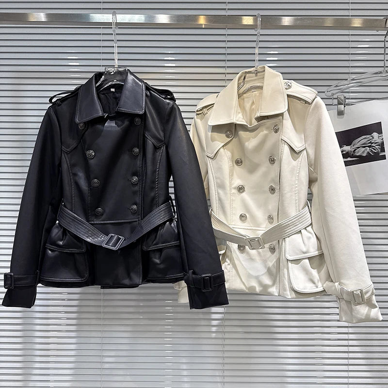 Winter New Fashion Style Double-Breasted Lace-Up Waist PU Leather Jacket For Women Elegant Windbreaker Female 11A07478